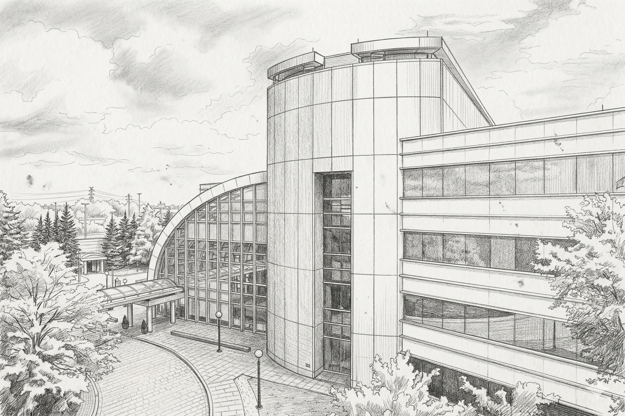Hand-drawn pencil sketch of 3600 Steeles Ave East office building in Markham - Web Design Hero Background